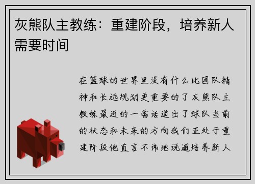 灰熊队主教练：重建阶段，培养新人需要时间