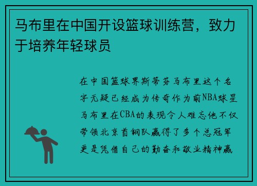 马布里在中国开设篮球训练营，致力于培养年轻球员