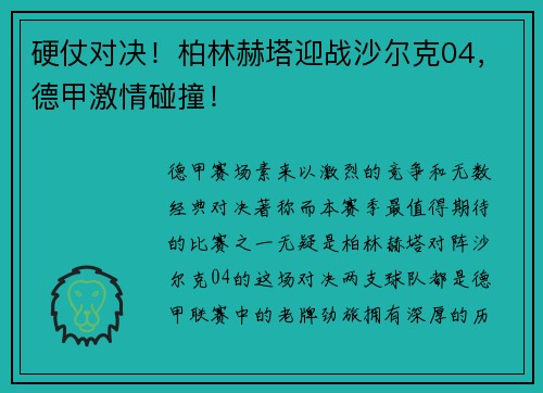 硬仗对决！柏林赫塔迎战沙尔克04，德甲激情碰撞！